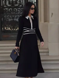 New Contrast Piping Long Sleeve Lapel Dress Black Dresses|Casual Dresses