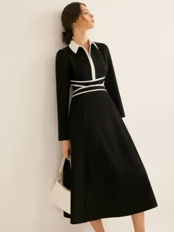 New Contrast Piping Long Sleeve Lapel Dress Black Dresses|Casual Dresses