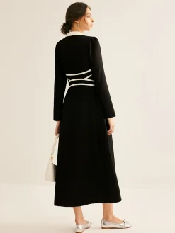 New Contrast Piping Long Sleeve Lapel Dress Black Dresses|Casual Dresses
