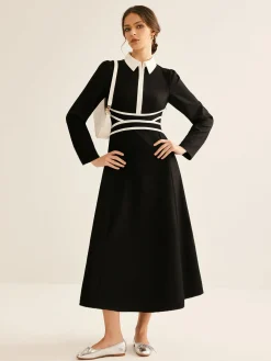 New Contrast Piping Long Sleeve Lapel Dress Black Dresses|Casual Dresses