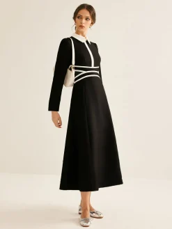 New Contrast Piping Long Sleeve Lapel Dress Black Dresses|Casual Dresses