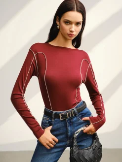 New Contrast Piping Skinny T-Shirt Tops
