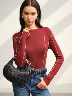 New Contrast Piping Skinny T-Shirt Tops