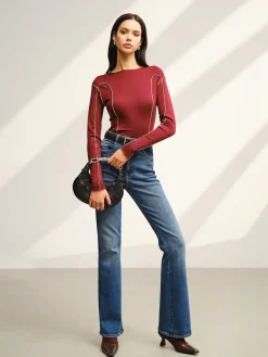 New Contrast Piping Skinny T-Shirt Tops