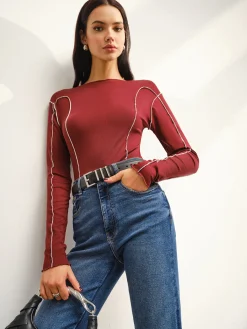 New Contrast Piping Skinny T-Shirt Tops