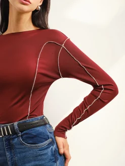 New Contrast Piping Skinny T-Shirt Tops
