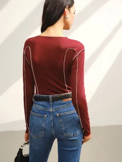 New Contrast Piping Skinny T-Shirt Tops