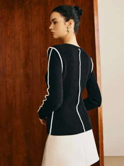 Hot Contrast Piping Slim Knit Top Sweater Tops|Sweaters & Cardigans