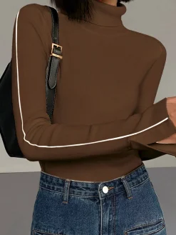 New Contrast Piping Turtleneck Sweater Sweater Tops|Sweaters & Cardigans