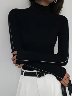 New Contrast Piping Turtleneck Sweater Sweater Tops|Sweaters & Cardigans