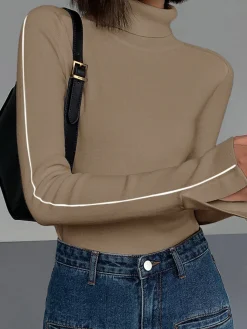 New Contrast Piping Turtleneck Sweater Sweater Tops|Sweaters & Cardigans