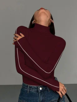 New Contrast Piping Turtleneck Sweater Sweater Tops|Sweaters & Cardigans