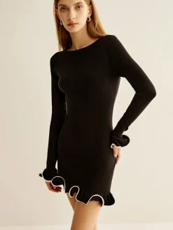 Clearance Contrast Ruffle Slim Dress Casual Dresses|Work Dresses