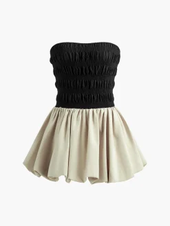 Best Contrast Strapless Pleated Short Dress Black Dresses|Casual Dresses
