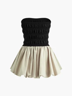 Best Contrast Strapless Pleated Short Dress Black Dresses|Casual Dresses