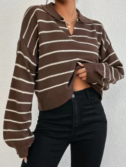 Outlet Contrast Striped Lapel Short Sweater Sweater Tops|Sweaters & Cardigans