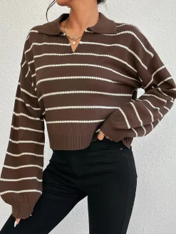 Outlet Contrast Striped Lapel Short Sweater Sweater Tops|Sweaters & Cardigans
