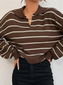 Outlet Contrast Striped Lapel Short Sweater Sweater Tops|Sweaters & Cardigans