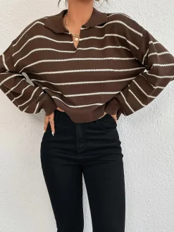 Outlet Contrast Striped Lapel Short Sweater Sweater Tops|Sweaters & Cardigans
