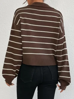 Outlet Contrast Striped Lapel Short Sweater Sweater Tops|Sweaters & Cardigans