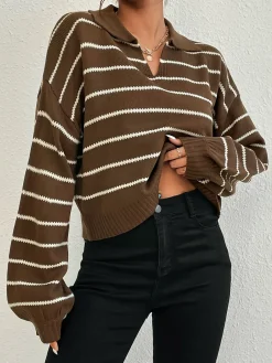 Best Contrast Striped Lapel Short Sweater Sweater Tops|Sweaters & Cardigans