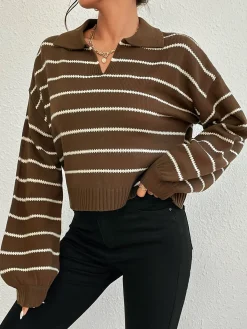 Best Contrast Striped Lapel Short Sweater Sweater Tops|Sweaters & Cardigans