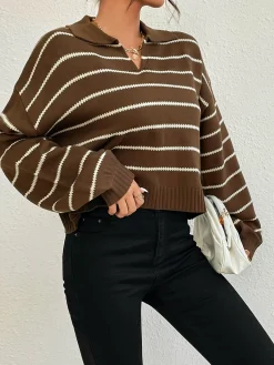 Best Contrast Striped Lapel Short Sweater Sweater Tops|Sweaters & Cardigans