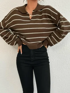 Best Contrast Striped Lapel Short Sweater Sweater Tops|Sweaters & Cardigans