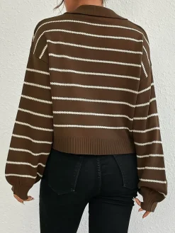 Best Contrast Striped Lapel Short Sweater Sweater Tops|Sweaters & Cardigans