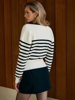 Discount Contrast Striped Metal-Button Knit Outerwear Sweater Tops|Outerwear