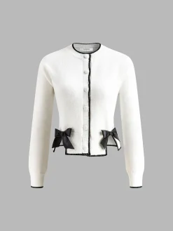 Outlet Contrast Trim Bow Decor Knit Outwear Sweater Tops|Outerwear