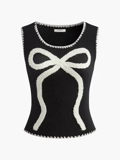 Hot Contrast Trim Bow Sweater Vest Sweater Vests|Sweaters & Cardigans
