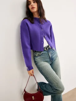 New Contrast Trim Breasted Crop Cardigan Cardigans|Sweaters & Cardigans