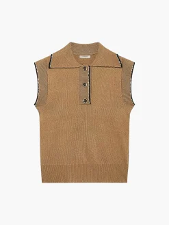 Online Contrast Trim Button Lapel Sweater Vest Knitwear|Vests
