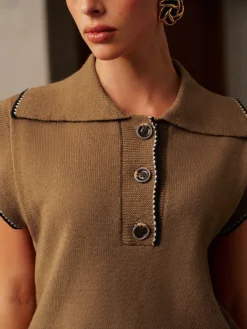 Online Contrast Trim Button Lapel Sweater Vest Knitwear|Vests