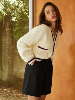Sale Contrast Trim Button Pockets Cardigan Cardigans|Sweaters & Cardigans
