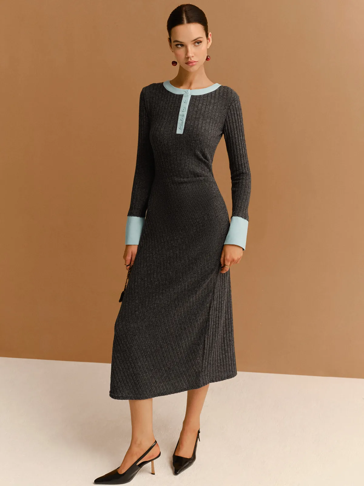Hot Contrast Trim Button Ribbed Slim Dress Casual Dresses|Work Dresses