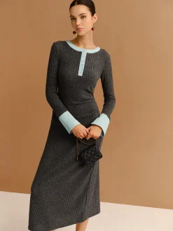 Hot Contrast Trim Button Ribbed Slim Dress Casual Dresses|Work Dresses