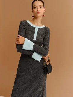 Hot Contrast Trim Button Ribbed Slim Dress Casual Dresses|Work Dresses
