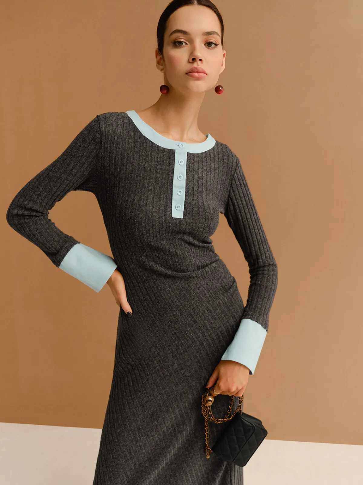 Hot Contrast Trim Button Ribbed Slim Dress Casual Dresses|Work Dresses