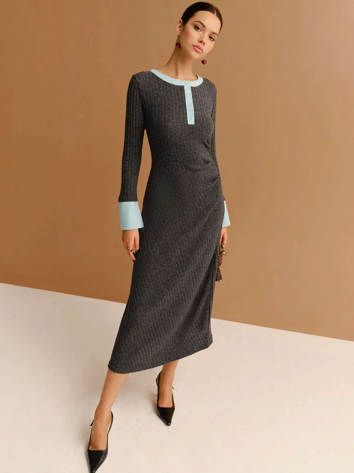 Hot Contrast Trim Button Ribbed Slim Dress Casual Dresses|Work Dresses