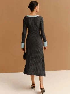 Hot Contrast Trim Button Ribbed Slim Dress Casual Dresses|Work Dresses