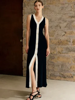 New Contrast Trim Button Sweater Tank Dress Black Dresses|Sweater Dresses