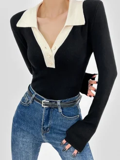 Best Contrast Trim Button Up Ribbed Shirt Sweater Tops|Sweaters & Cardigans