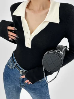 Best Contrast Trim Button Up Ribbed Shirt Sweater Tops|Sweaters & Cardigans