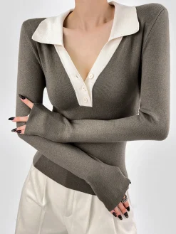 Best Contrast Trim Button Up Ribbed Shirt Sweater Tops|Sweaters & Cardigans