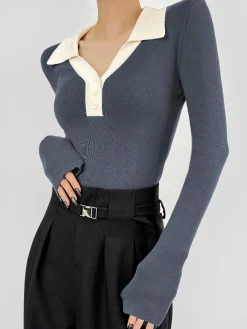 Best Contrast Trim Button Up Ribbed Shirt Sweater Tops|Sweaters & Cardigans