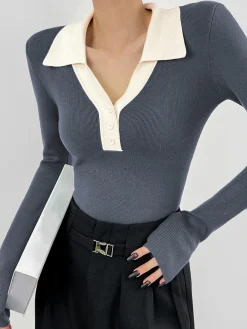 Best Contrast Trim Button Up Ribbed Shirt Sweater Tops|Sweaters & Cardigans