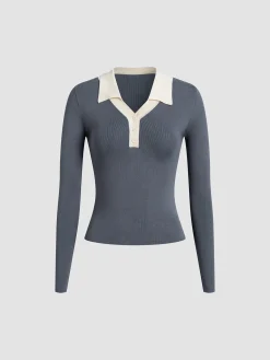 Best Contrast Trim Button Up Ribbed Shirt Sweater Tops|Sweaters & Cardigans