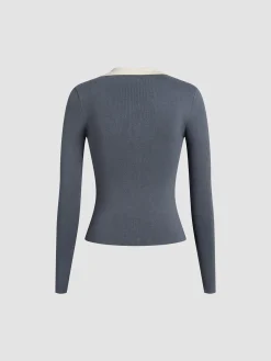 Best Contrast Trim Button Up Ribbed Shirt Sweater Tops|Sweaters & Cardigans
